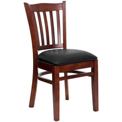 Vertical Slat Back Mahogany Wood Restaurant Chair - Black Vinyl Seat