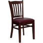 Vertical Slat Back Mahogany Wood Restaurant Chair - Burgundy Vinyl Seat
