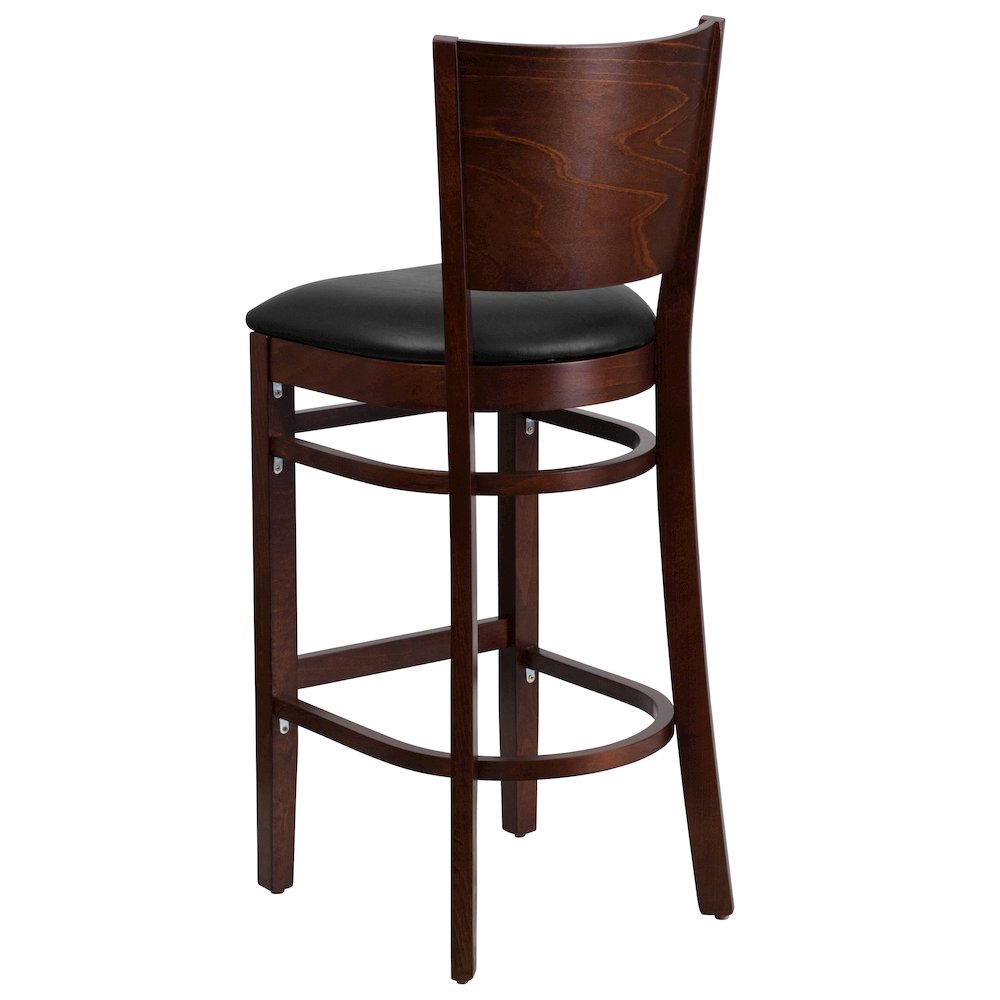 Solid Back Walnut Wood Restaurant Barstool - Black Vinyl Seat