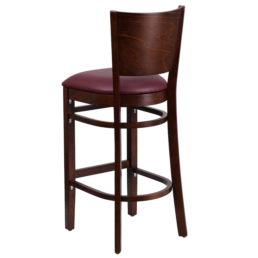 Solid Back Walnut Wood Restaurant Barstool - Burgundy Vinyl Seat