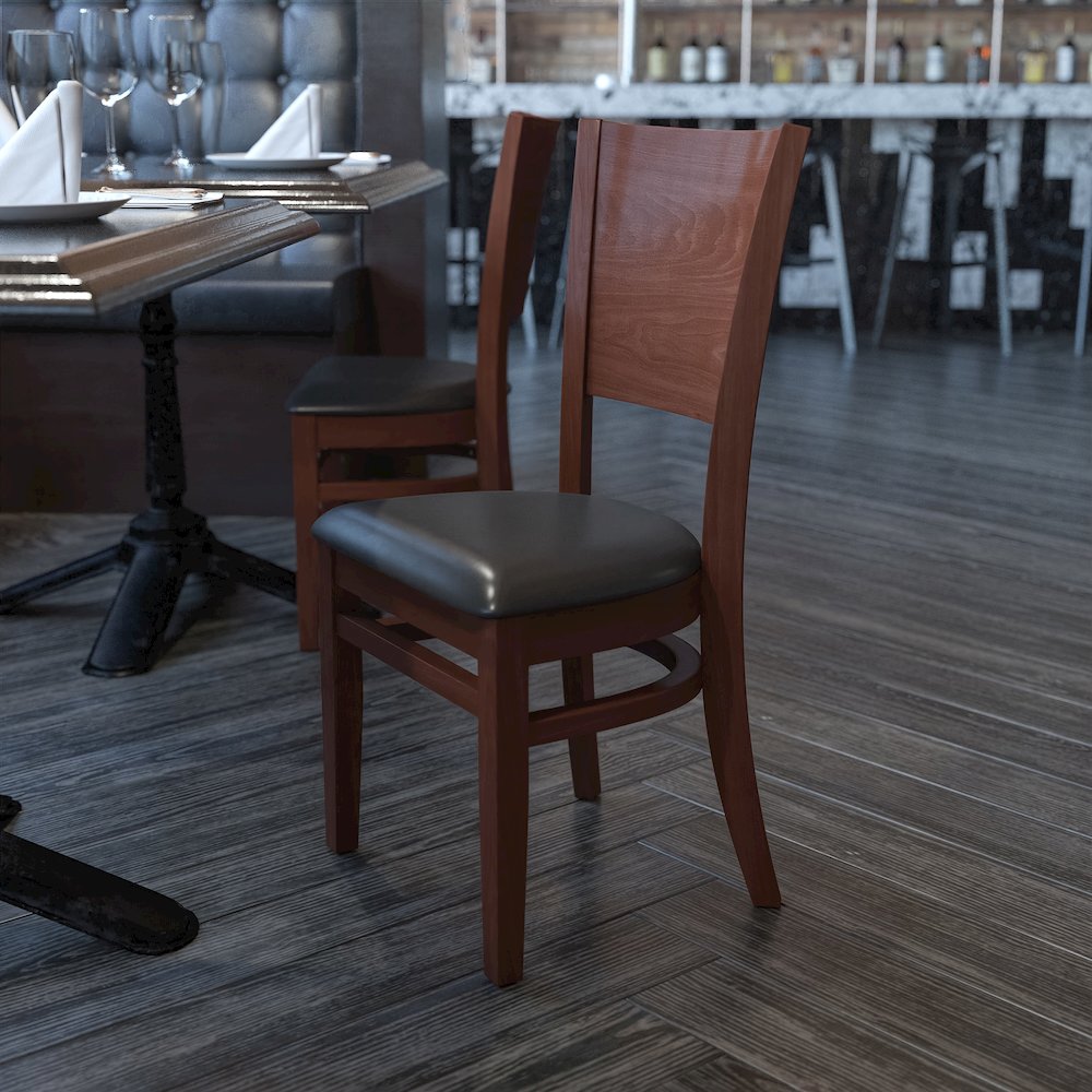 Solid Back Walnut Wood Restaurant Chair - Black Vinyl Seat