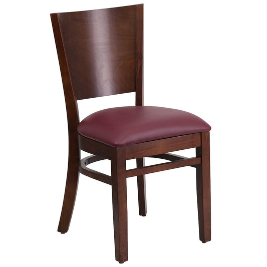Solid Back Walnut Wood Restaurant Chair - Burgundy Vinyl Seat