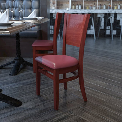 Solid Back Walnut Wood Restaurant Chair - Burgundy Vinyl Seat