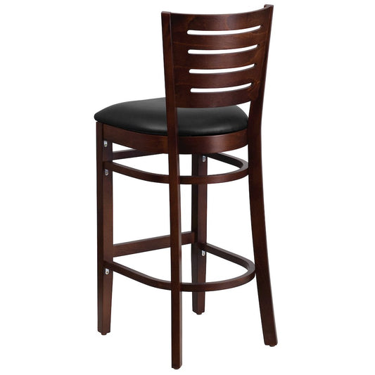 Slat Back Walnut Wood Restaurant Barstool - Black Vinyl Seat