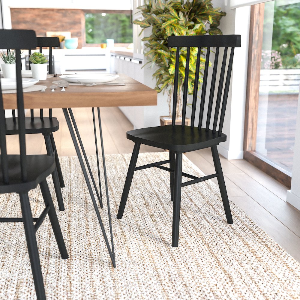Set of 2 Windsor Dining Chairs, Solid Wood Armless in Black