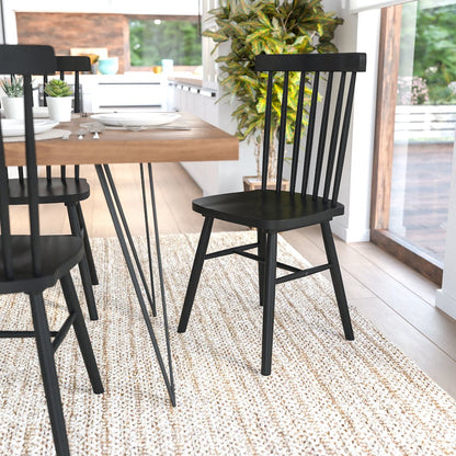 Set of 2 Windsor Dining Chairs, Solid Wood Armless in Black