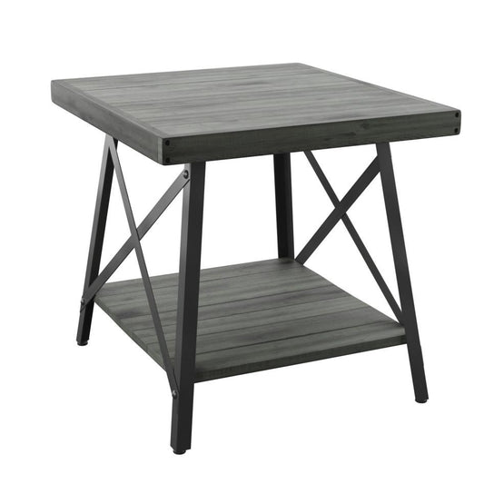 Gray 24" End Table with Solid Wood Top, Metal Base, And Open Storage Shelf