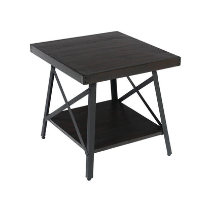 Gray 24" End Table with Solid Wood Top, Metal Base, And Open Storage Shelf