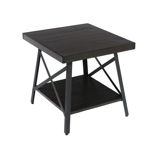 Gray 24" End Table with Solid Wood Top, Metal Base, And Open Storage Shelf