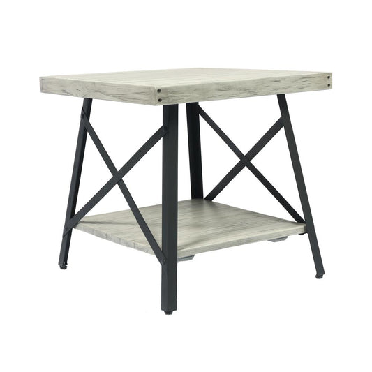 Gray 24" End Table with Solid Wood Top, Metal Base, And Open Storage Shelf