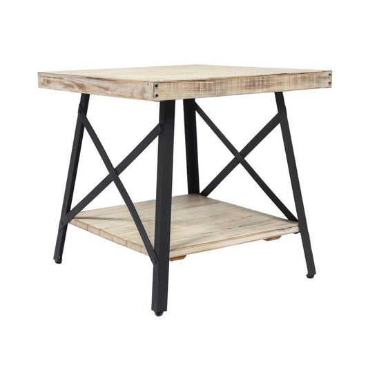 Gray 24" End Table with Solid Wood Top, Metal Base, And Open Storage Shelf