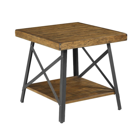 Gray 24" End Table with Solid Wood Top, Metal Base, And Open Storage Shelf