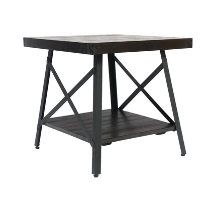 Gray 24" End Table with Solid Wood Top, Metal Base, And Open Storage Shelf