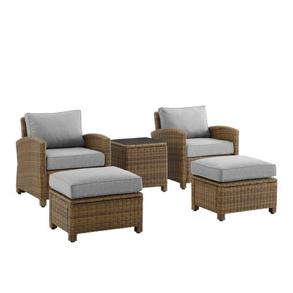 Bradenton 5Pc Wicker Outdoor Chair Set - Side Table, 2 Arm Chairs & 2 Ottomans