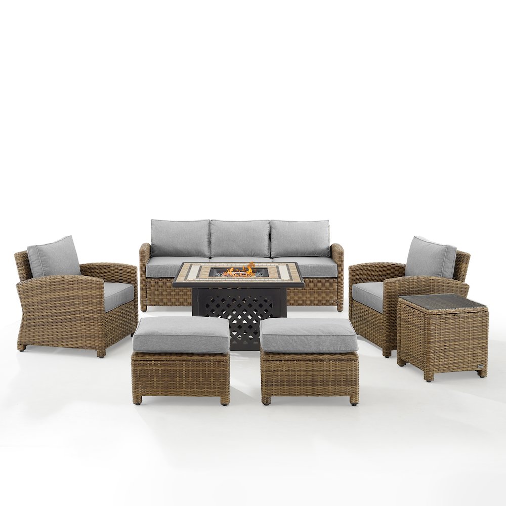 6Pc Outdoor Sofa Set W/ Fire Table, Sofa, 2 Armchairs & 2 Ottomans