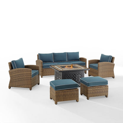 6Pc Outdoor Sofa Set W/ Fire Table, Sofa, 2 Armchairs & 2 Ottomans