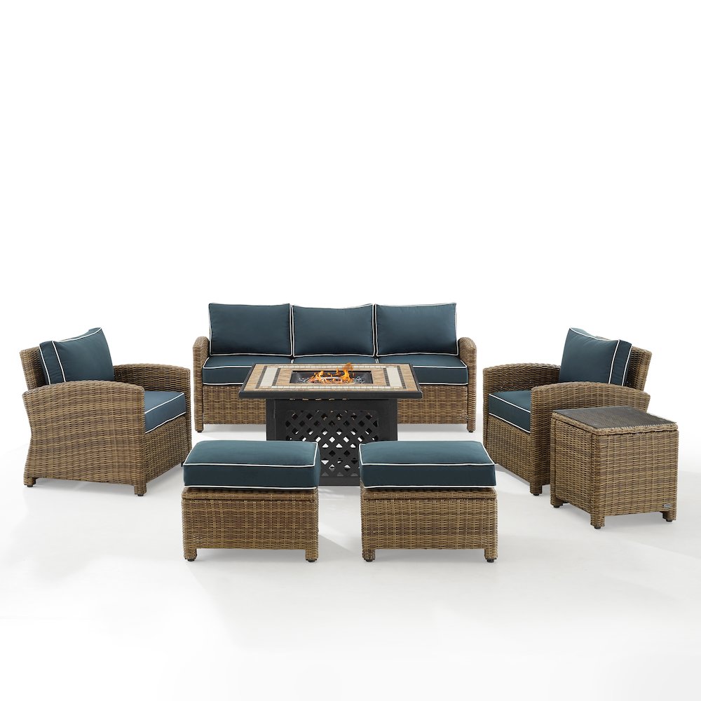 6Pc Outdoor Sofa Set W/ Fire Table, Sofa, 2 Armchairs & 2 Ottomans