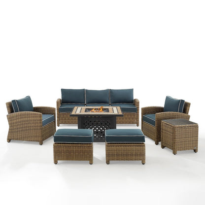 6Pc Outdoor Sofa Set W/ Fire Table, Sofa, 2 Armchairs & 2 Ottomans