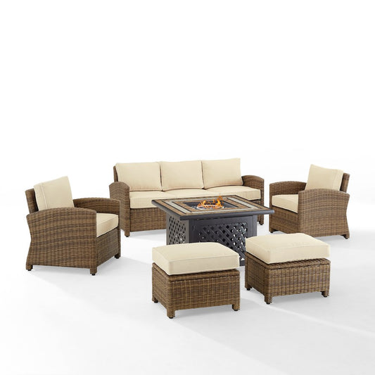 6Pc Outdoor Sofa Set W/ Fire Table, Sofa, 2 Armchairs & 2 Ottomans