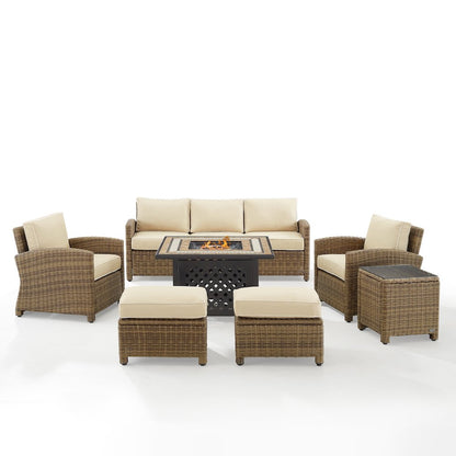 6Pc Outdoor Sofa Set W/ Fire Table, Sofa, 2 Armchairs & 2 Ottomans