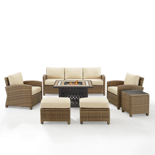 6Pc Outdoor Sofa Set W/ Fire Table, Sofa, 2 Armchairs & 2 Ottomans