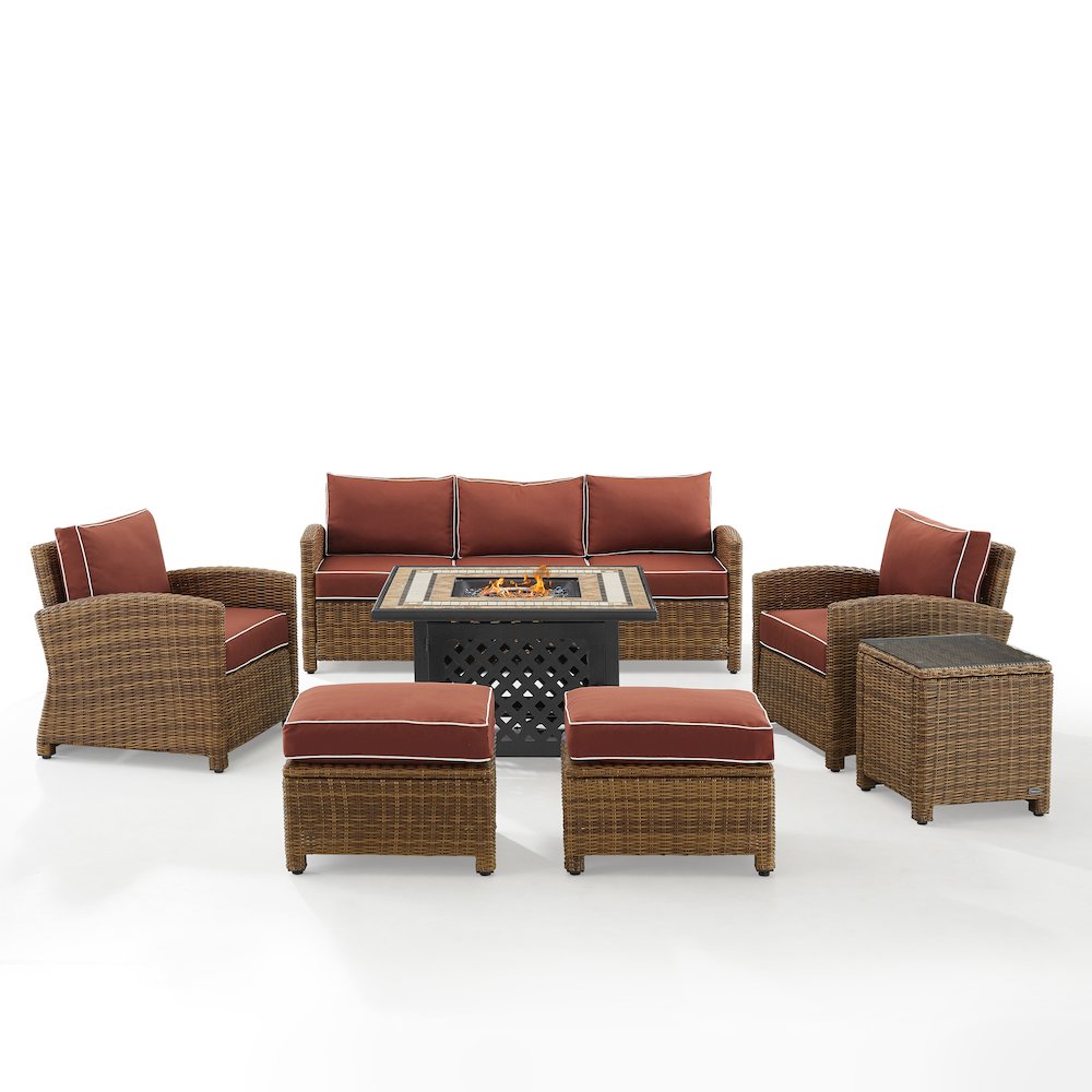 6Pc Outdoor Sofa Set W/ Fire Table, Sofa, 2 Armchairs & 2 Ottomans