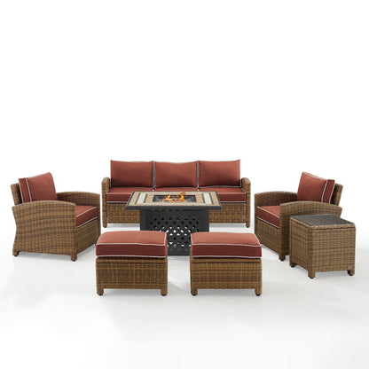 6Pc Outdoor Sofa Set W/ Fire Table, Sofa, 2 Armchairs & 2 Ottomans