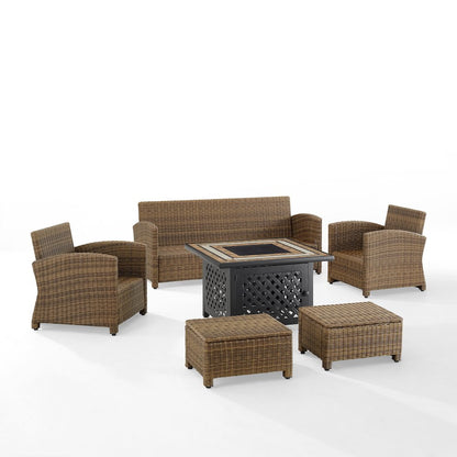 6Pc Outdoor Sofa Set W/ Fire Table, Sofa, 2 Armchairs & 2 Ottomans