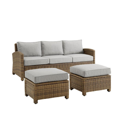 Bradenton 3Pc Wicker Outdoor Sofa Patio Furniture Set - Sofa & 2 Ottomans
