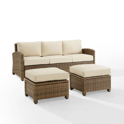 Bradenton 3Pc Wicker Outdoor Sofa Patio Furniture Set - Sofa & 2 Ottomans