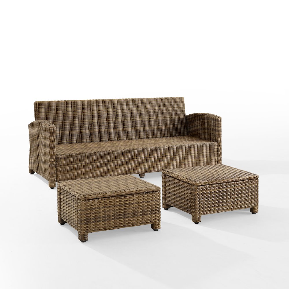 Bradenton 3Pc Wicker Outdoor Sofa Patio Furniture Set - Sofa & 2 Ottomans