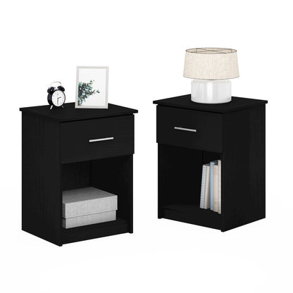 Set of 2 Nightstand with Drawer and Open Shelf, Dark Americano