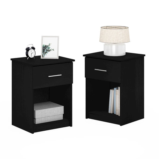 Set of 2 Nightstand with Drawer and Open Shelf, Dark Americano