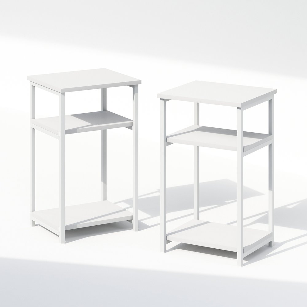 Industrial Metal Frame Nightstand, Bedside Table, 2-Pack, White/White