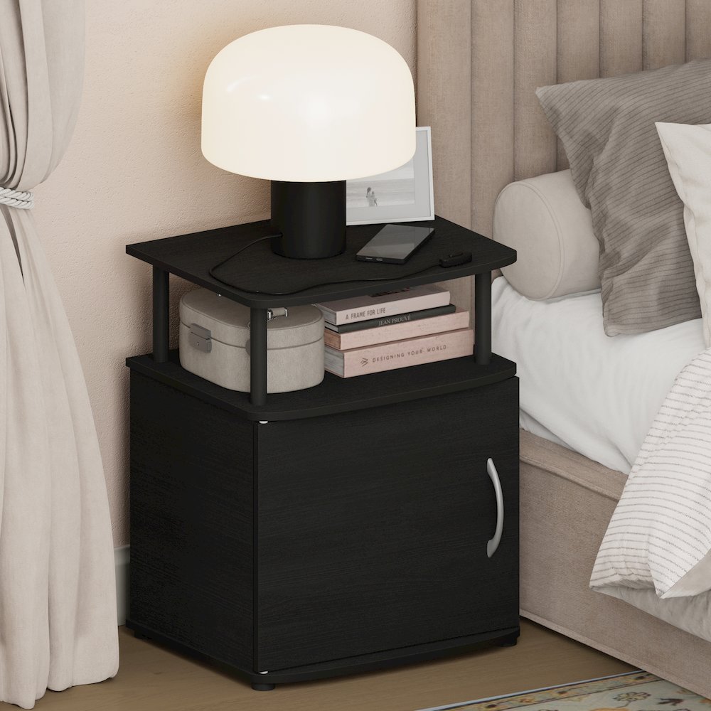 JAYA Night Stand with Door, Nightstand, Round Corner Bedside Table, Black
