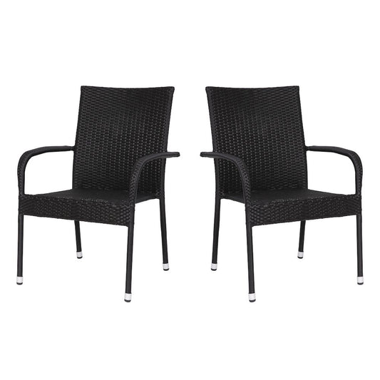 Maxim Set of 2 Stackable Indoor/Outdoor Wicker Dining Chairs with Arms - Fade & Weather-Resistant Steel Frames - Black