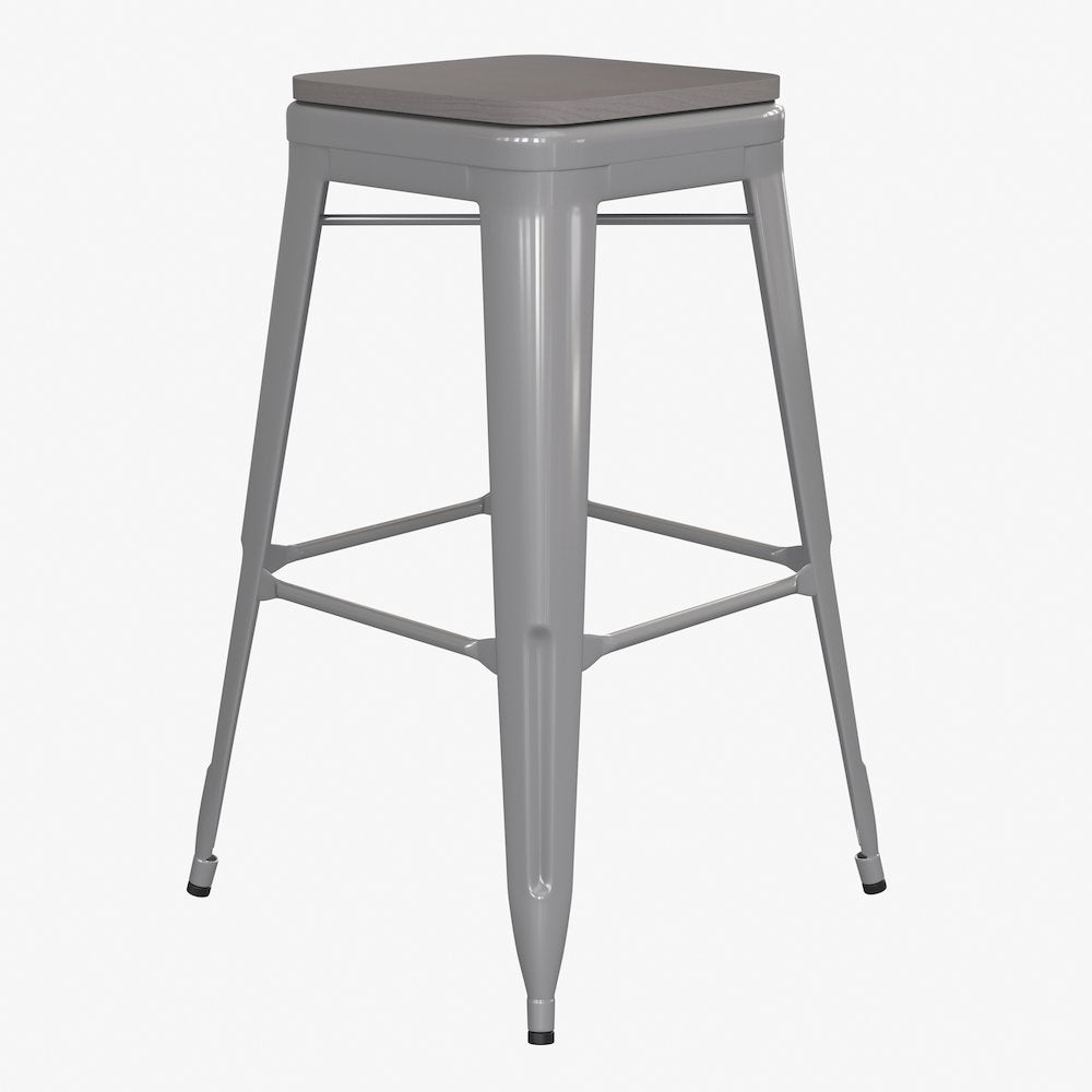 Cierra Set of 4 Commercial Grade 30" High Backless Silver Metal Indoor Bar Height Stools with Gray All-Weather Poly Resin Seats