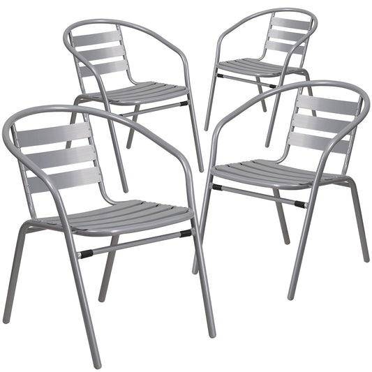 4 Pk. Silver Metal Restaurant Stack Chair with Aluminum Slats