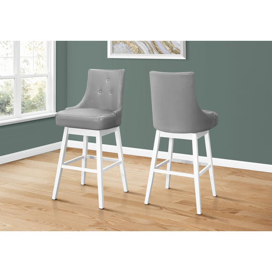 Bar Stool, Set Of 2, Swivel, Bar Height, White Wood, Grey Leather Look