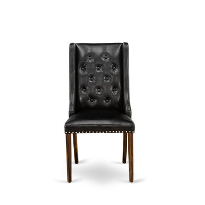 FOP7T49 Dining Chair - Black Linen Fabric Dining Chair and Button Tufted Back with Distressed Jacobean Rubber Wood Legs - Dining Chair Set of 2 - Set of 2