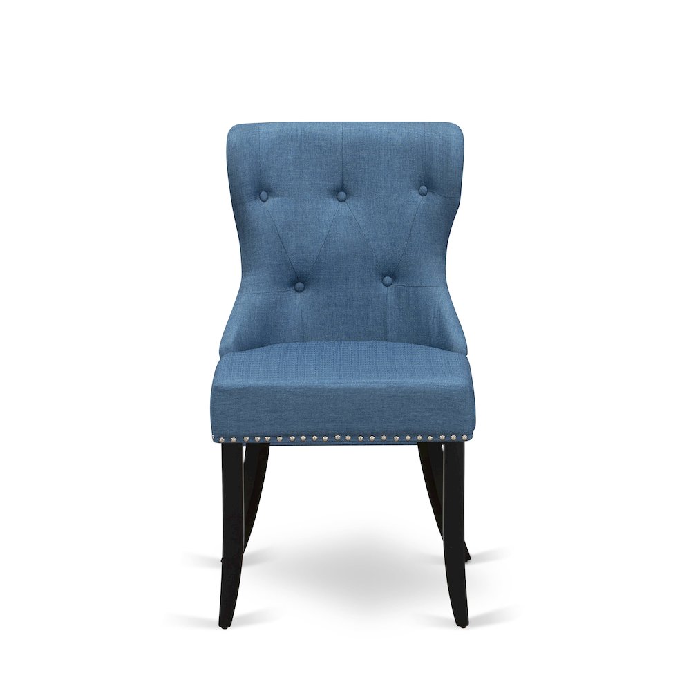 East West Furniture - Set of 2 - mid century Dining Chairs- Dinner Chairs Includes Black Wood Structure with Blue Linen Fabric Seat with Nail Head and Button Tufted Back