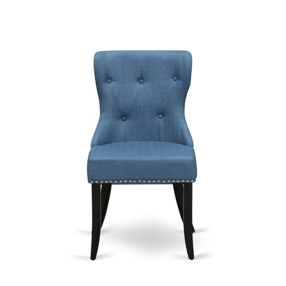 East West Furniture - Set of 2 - mid century Dining Chairs- Dinner Chairs Includes Black Wood Structure with Blue Linen Fabric Seat with Nail Head and Button Tufted Back