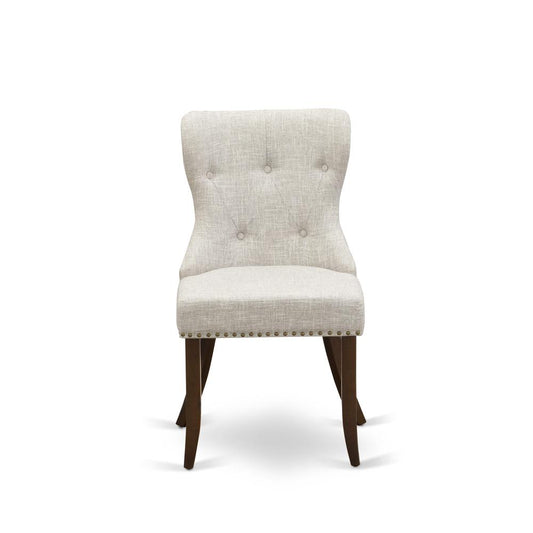 East West Furniture - Set of 2 - Modern Chairs- Kitchen Chair Includes Mahogany Wood Frame with Doeskin Linen Fabric Seat with Nail Head and Button Tufted Back