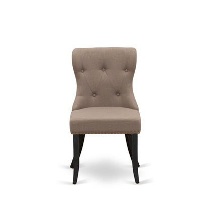 East West Furniture - Set of 2 - Dining Room Chair- Upholstered Dining Chairs Includes Wirebrushed Black Wooden Frame with Coffee Linen Fabric Seat with Nail Head and Button Tufted Back
