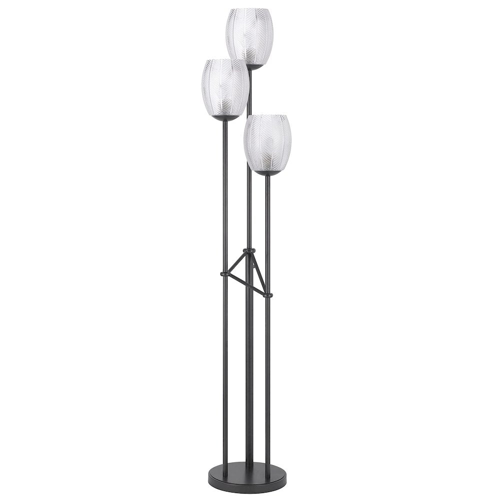 60W X 3 Oconto Metal Floor Lamp With Patterned Glass Shades.