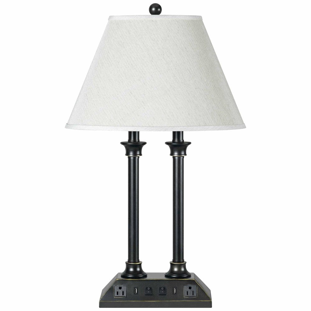 60W X 2 Metal Desk Lamp With 2 USB And 2 Power Outlets, On Off Rocker Base Switch in Dark Bronze/Wood