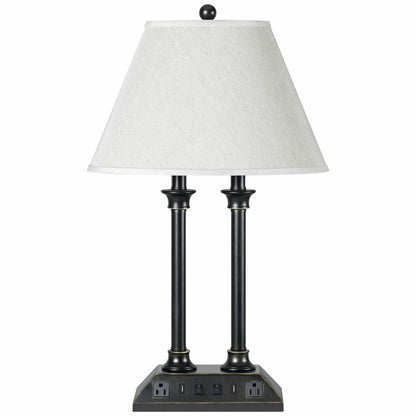 60W X 2 Metal Desk Lamp With 2 USB And 2 Power Outlets, On Off Rocker Base Switch in Dark Bronze/Wood