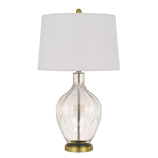 150W 3 way Bancroft glass table lamp with hardback taper drum fabric shade