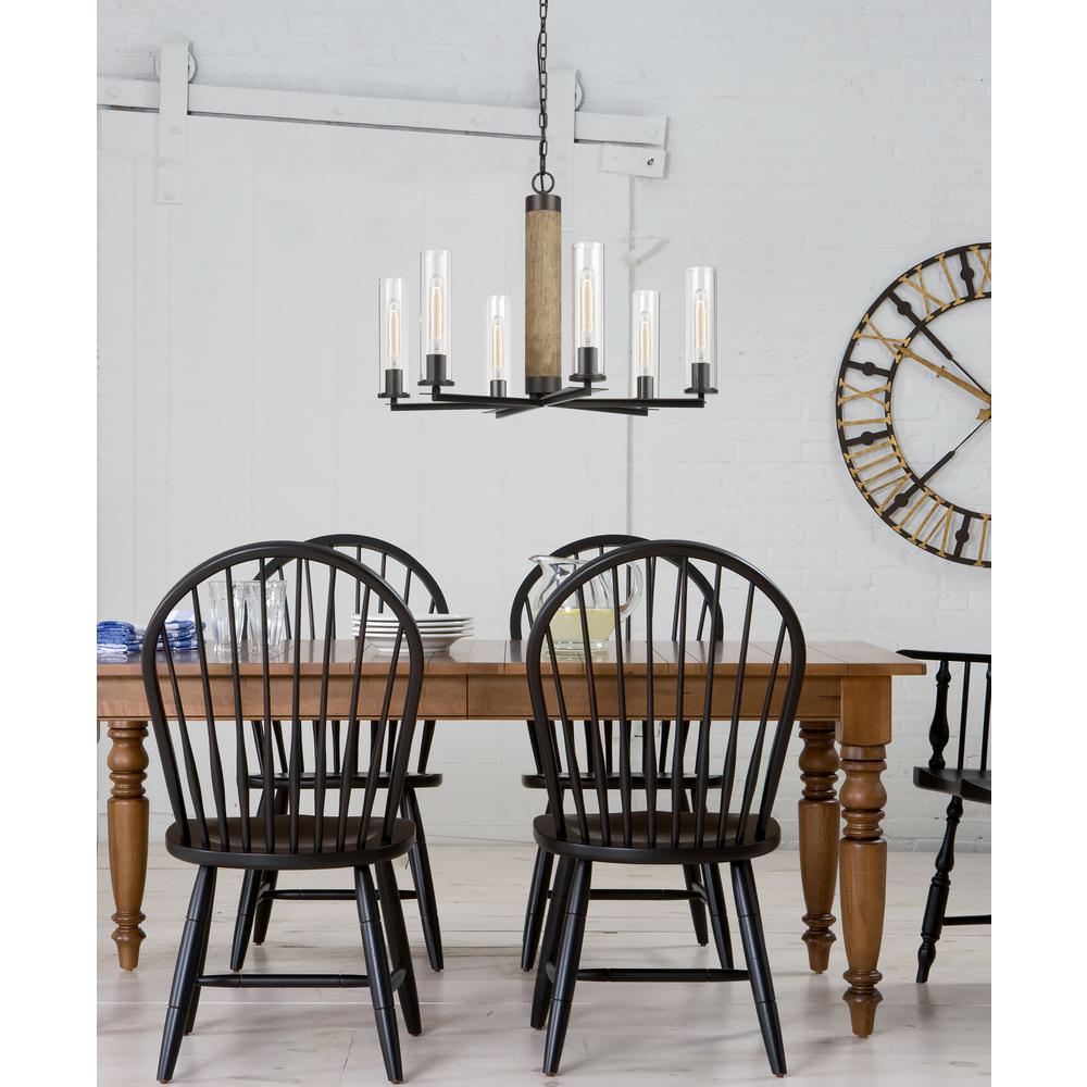 60W X 6 Silverton Metal/Wood 6 Light Chandelier With Glass Shades. (Edison Bulbs Included)
