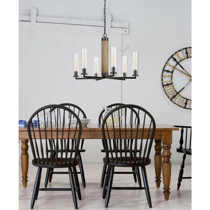 60W X 6 Silverton Metal/Wood 6 Light Chandelier With Glass Shades. (Edison Bulbs Included)